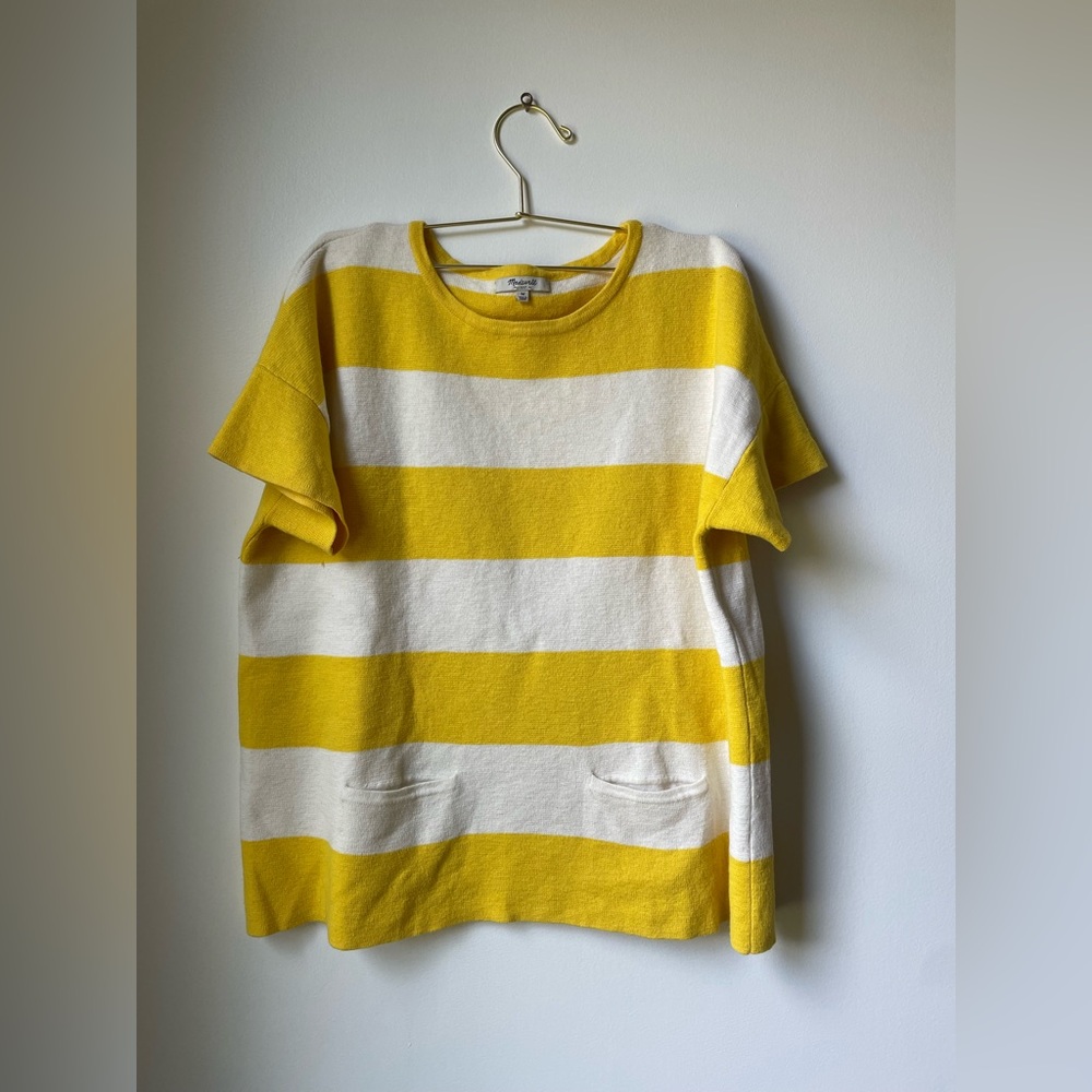 Madewell Yellow and White Striped Short Sleeve Sweater, M